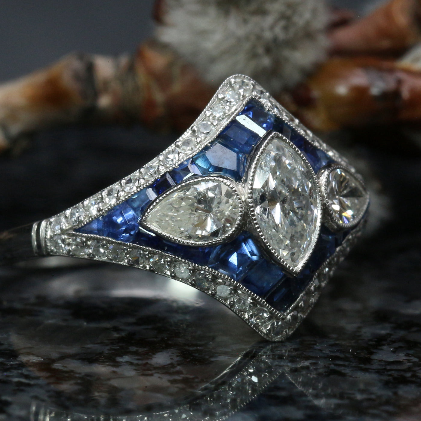 Art-deco Diamond & Sapphire Ring