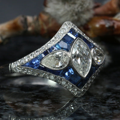 Art-deco Diamond & Sapphire Ring