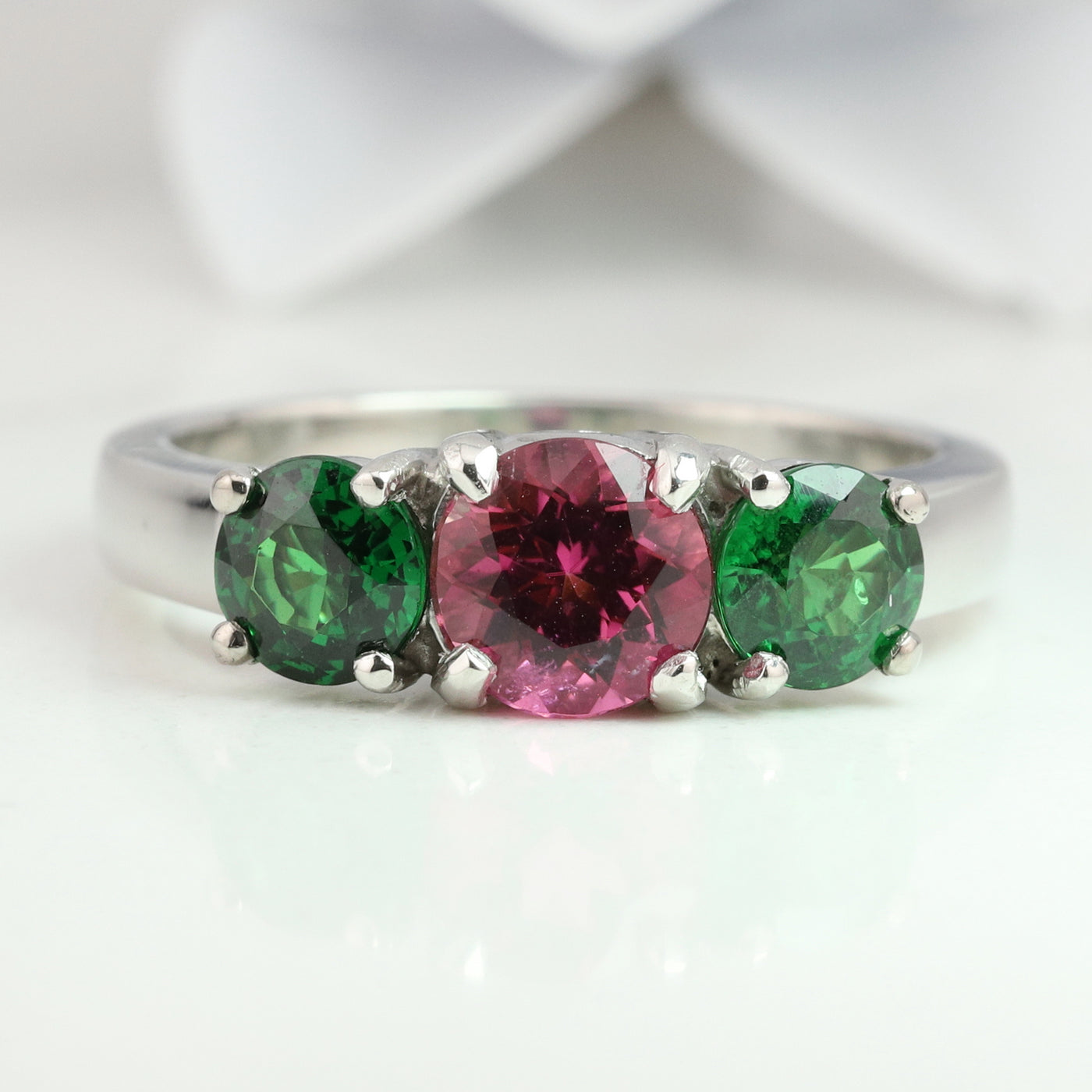 Platinum Pink Tourmaline and Green Tsavorite Ring