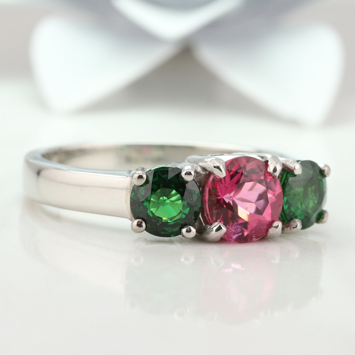 Platinum Pink Tourmaline and Green Tsavorite Ring