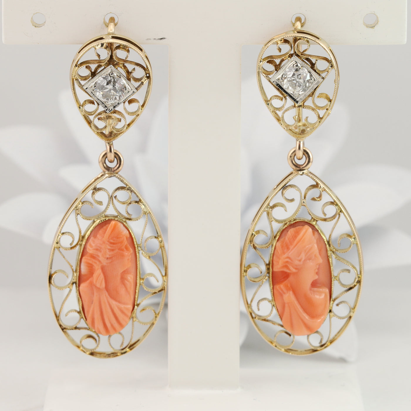 Diamond and Coral Cameos Dangle Earrings