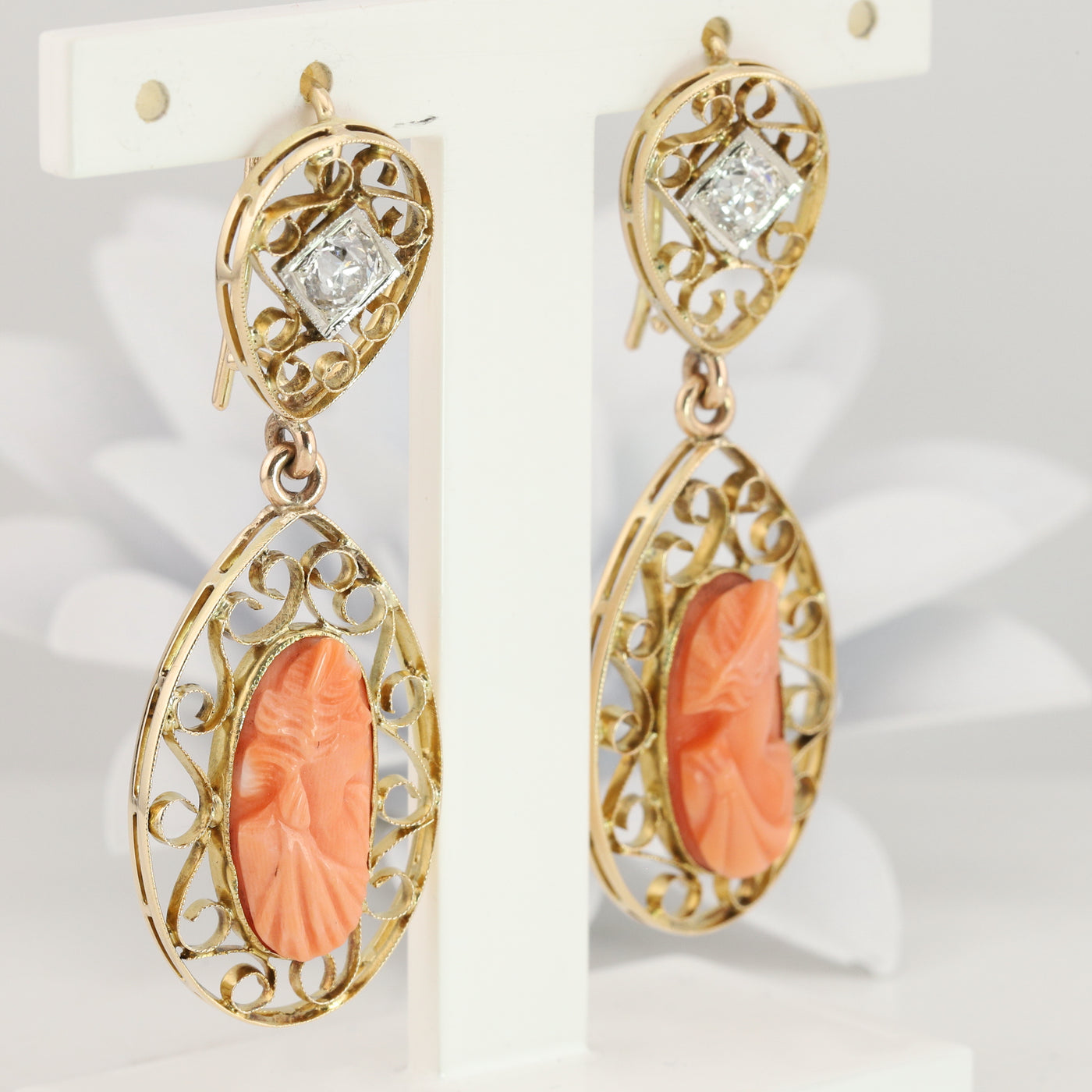 Diamond and Coral Cameos Dangle Earrings