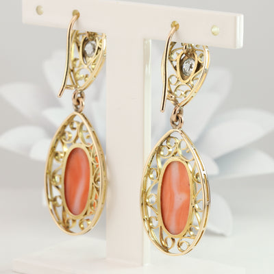 Diamond and Coral Cameos Dangle Earrings