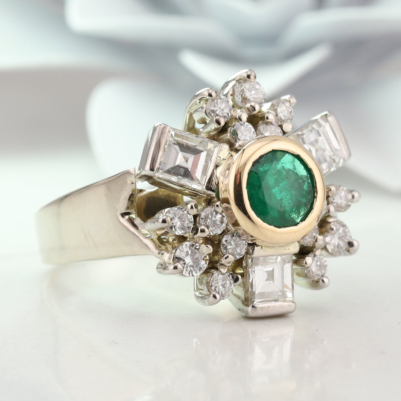 White Gold Emerald and Diamond Ring