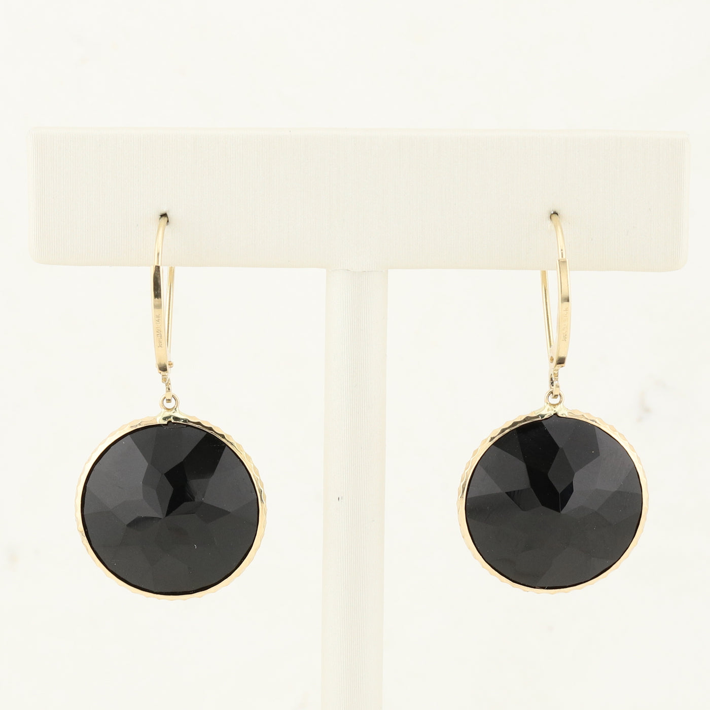 Yellow Gold Black Circle Drop Earrings