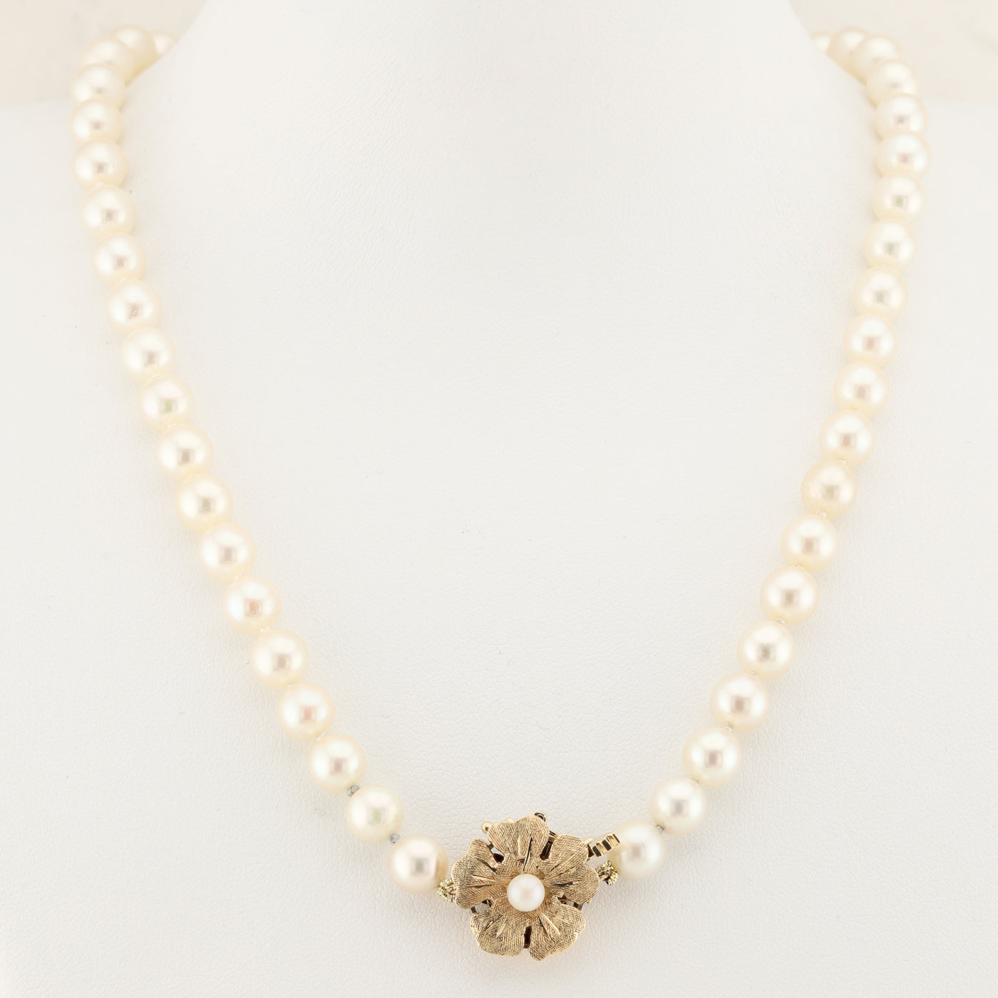 Pearl Necklace with Gold Flower Clasp