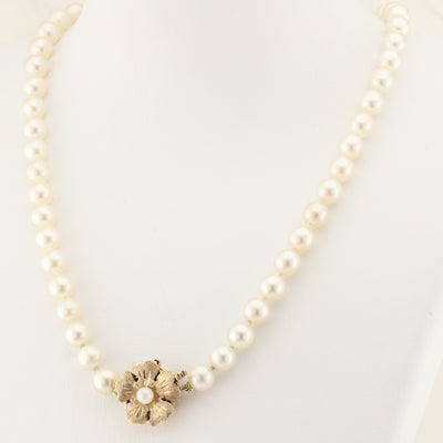 Pearl Necklace with Gold Flower Clasp