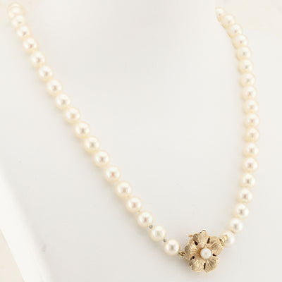 Pearl Necklace with Gold Flower Clasp