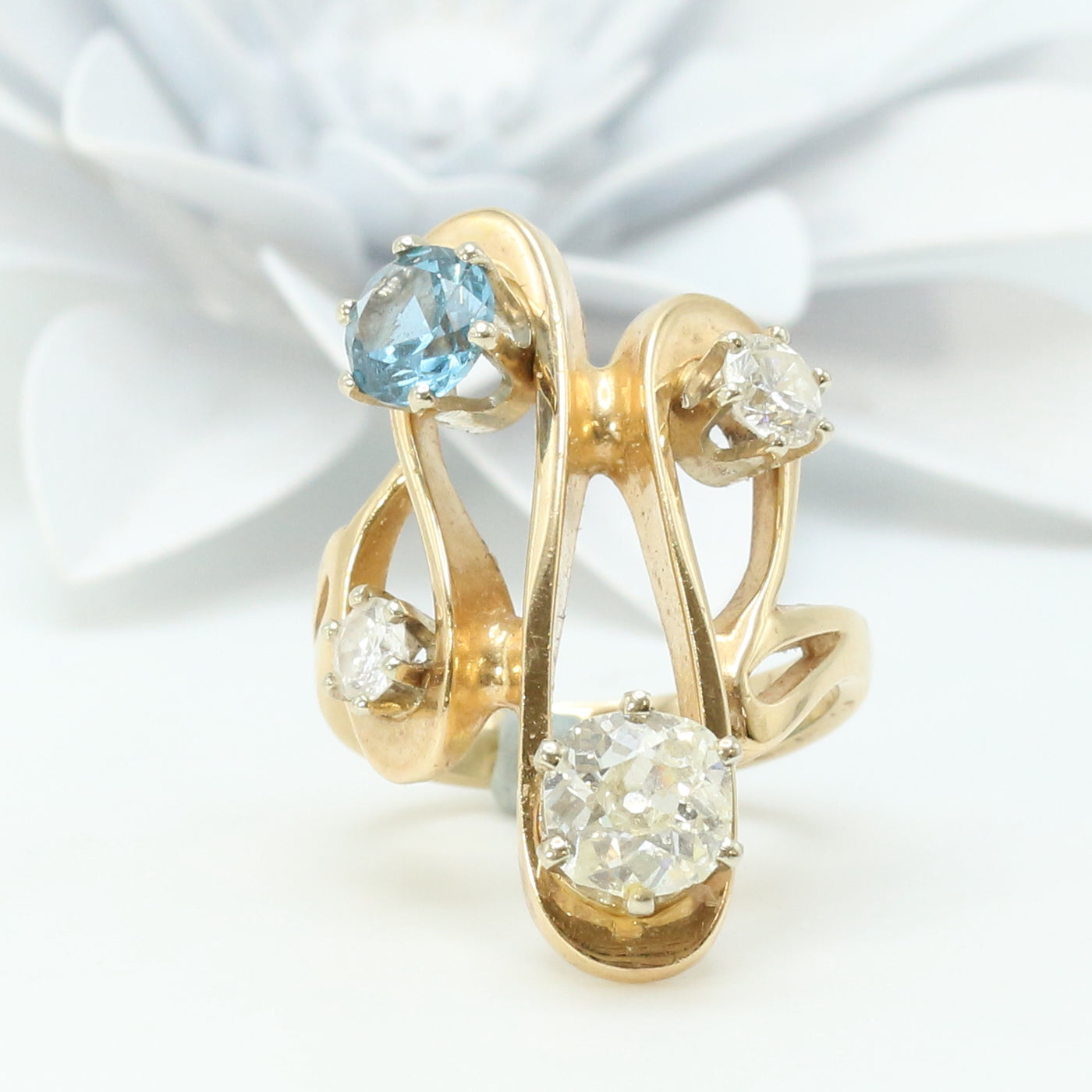 Yellow Gold Diamond and Light Blue Sapphire Ring