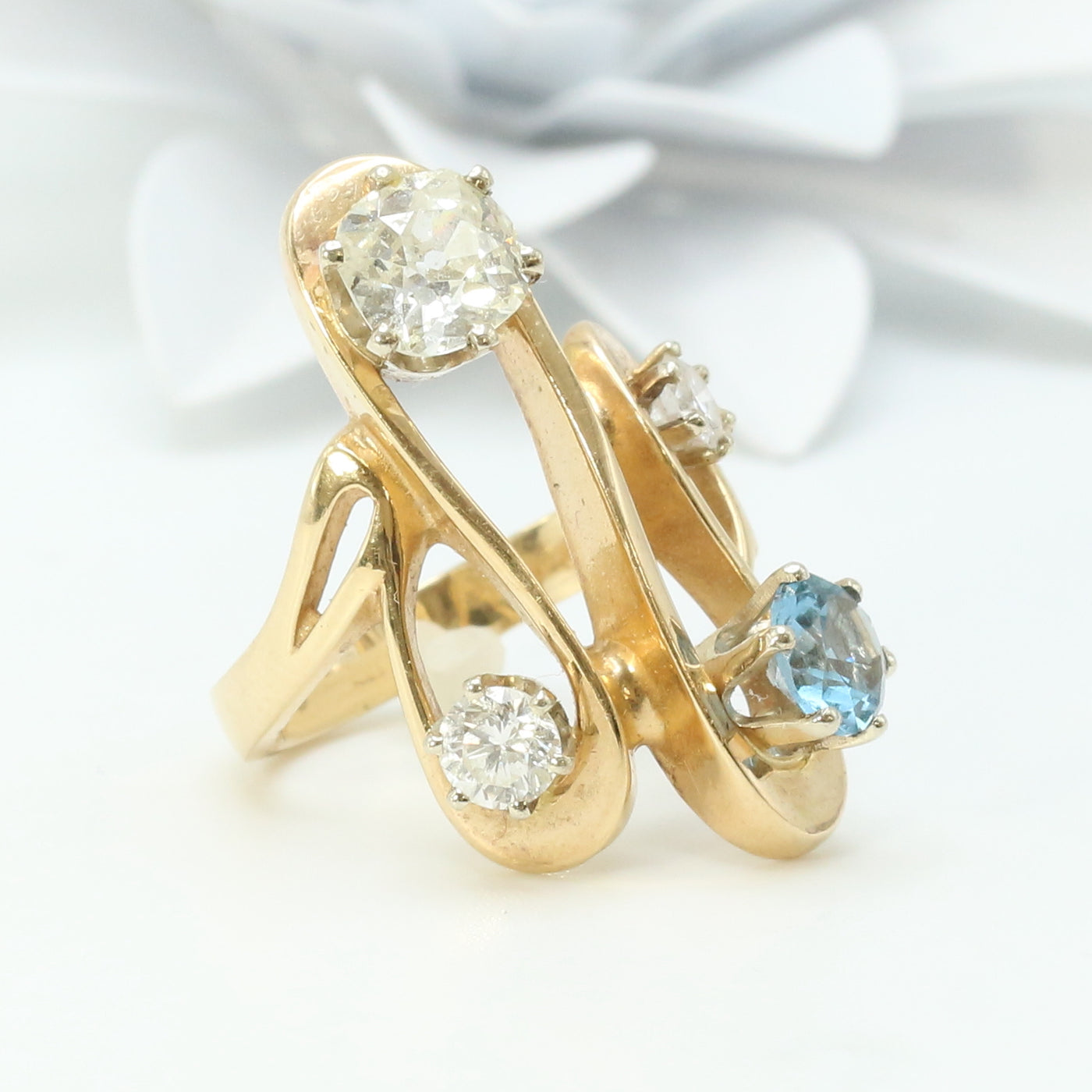 Yellow Gold Diamond and Light Blue Sapphire Ring