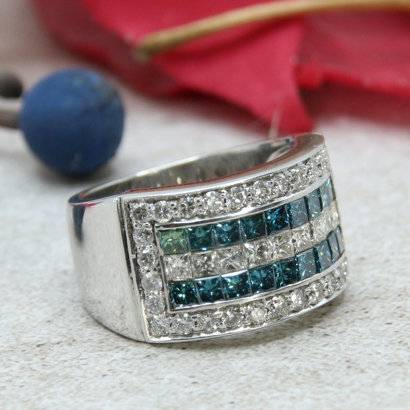 Blue and White Diamond Ring