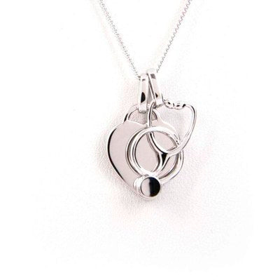 Heart and Stethoscope Necklace - Sterling Silver with Rhodium Plating