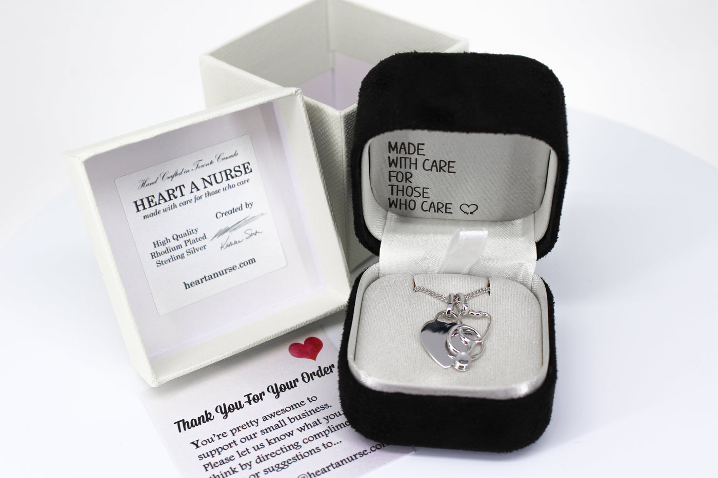 Heart and Stethoscope Necklace - Sterling Silver with Rhodium Plating