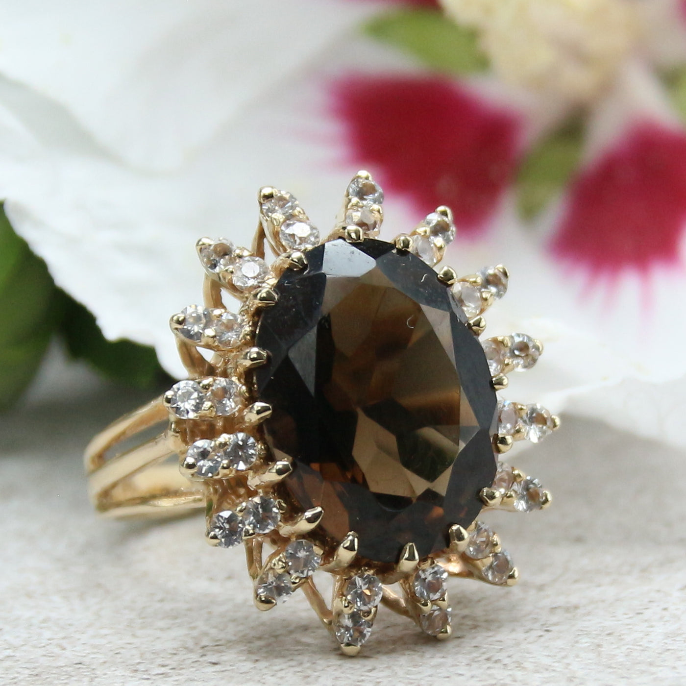 14kt Yellow Gold Smokey Quartz Ring & White Sapphire